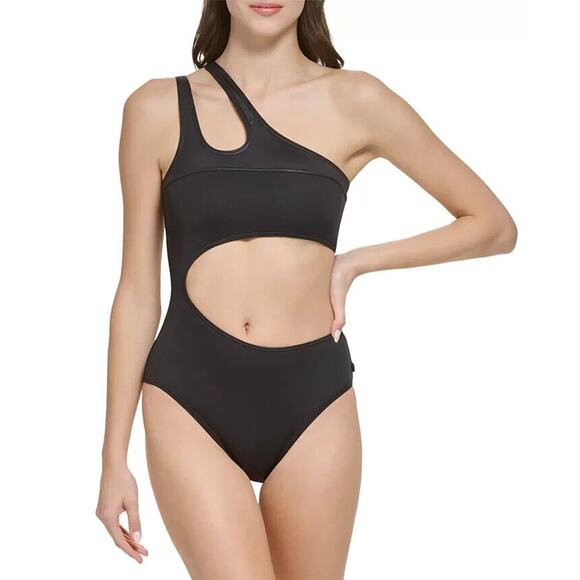 Calvin Klein Women's Solid One-Shoulder Cutout One-Piece Swimsuit Black M NWT - Picture 1 of 10